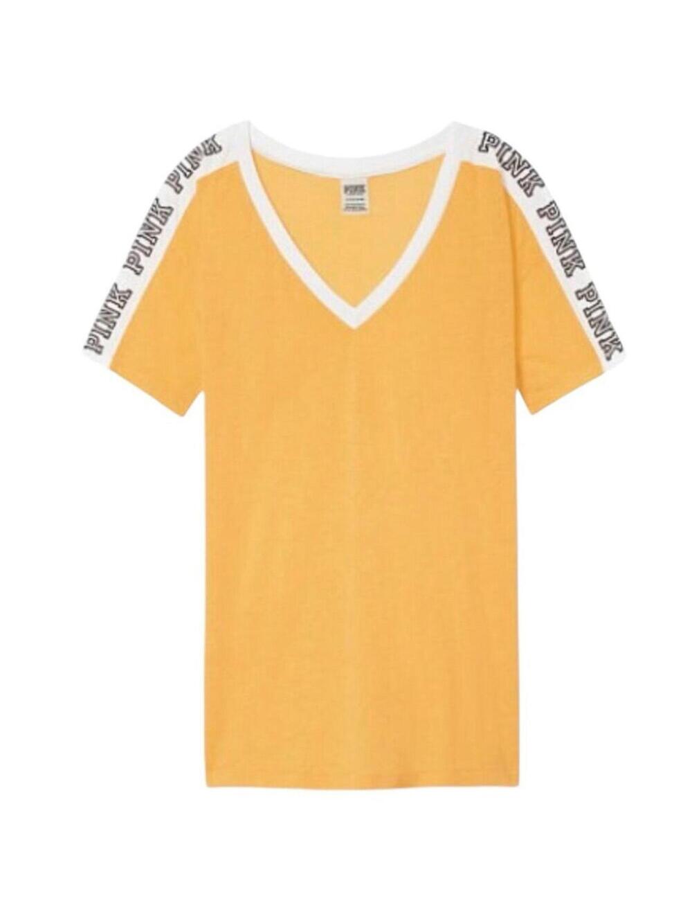 Victoria's Secret Pink Golden Yellow V-Neck Logo T-Shirt Size M - Picture 2 of 5